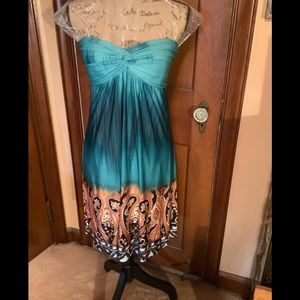 e Klab, turquoise Print Strapless Dress, Sz M ( Size tag missing)
